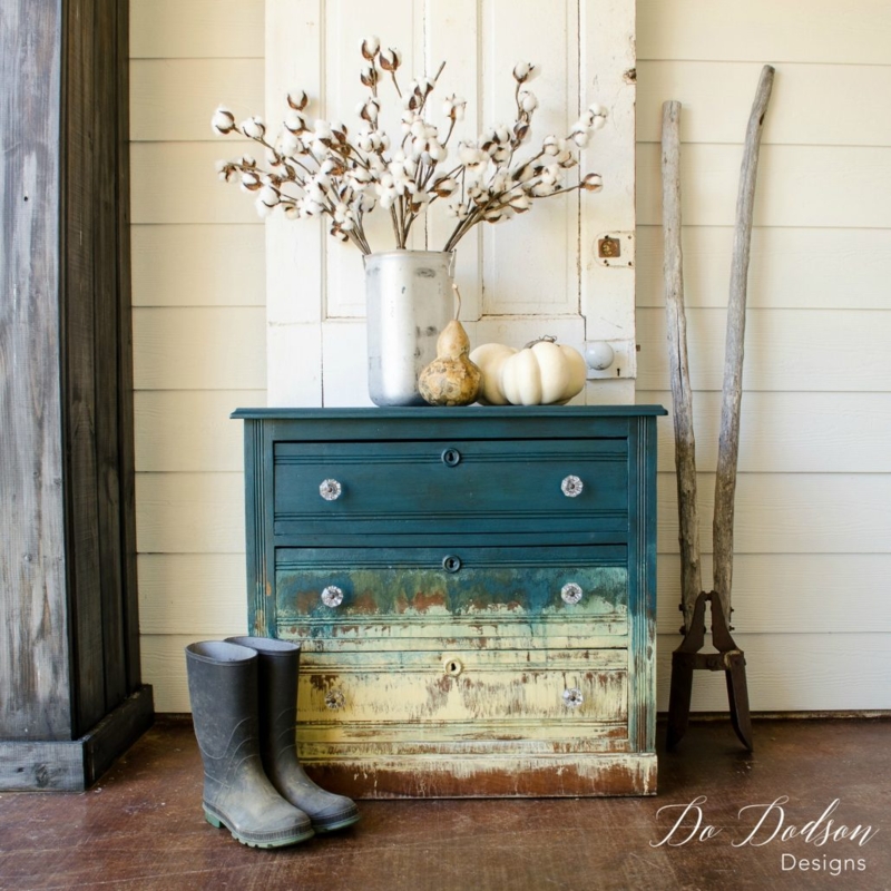 Chest Of Drawers Distressed Teal to Yellow Ombre with Crystal Knobs