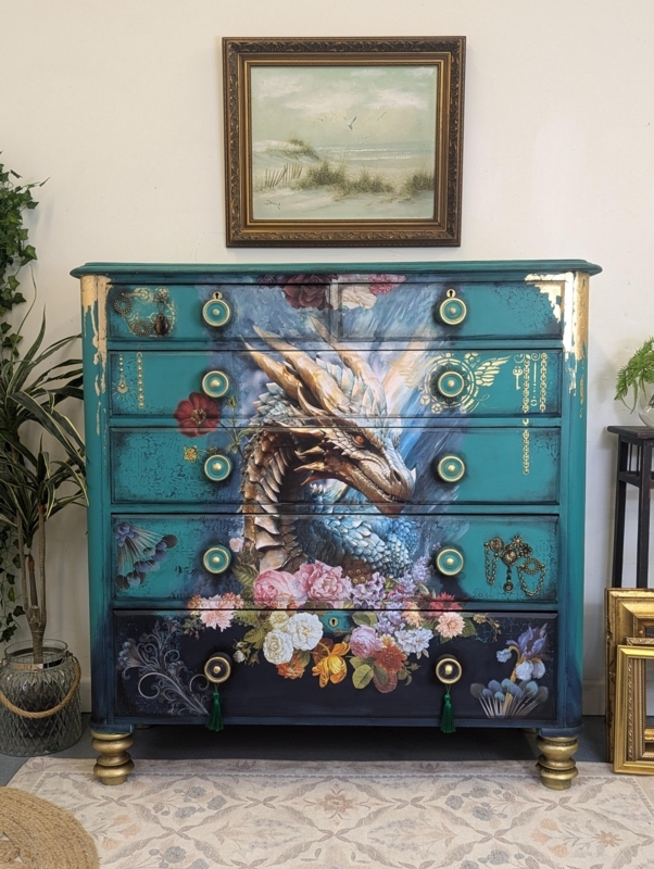 Chest Of Drawers Maximalist Dragon Mural with Gold Leaf Accents