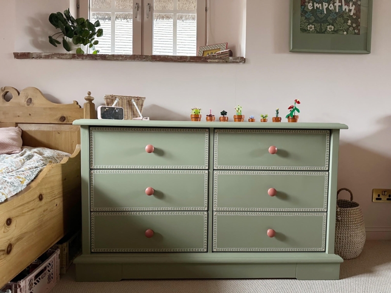 Chest Of Drawers Sage Green Cottagecore with Coral Knobs and Borders