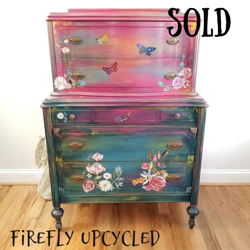 Chest Of Drawers with Fuchsia to Teal Ombre and Floral Motifs