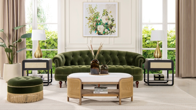Chesterfield Sofa Olive Green Velvet Tufted Cane Accents Victorian