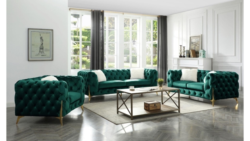 Chesterfield Sofa Set Velvet Gold Tapered Legs Deep Button Tufting