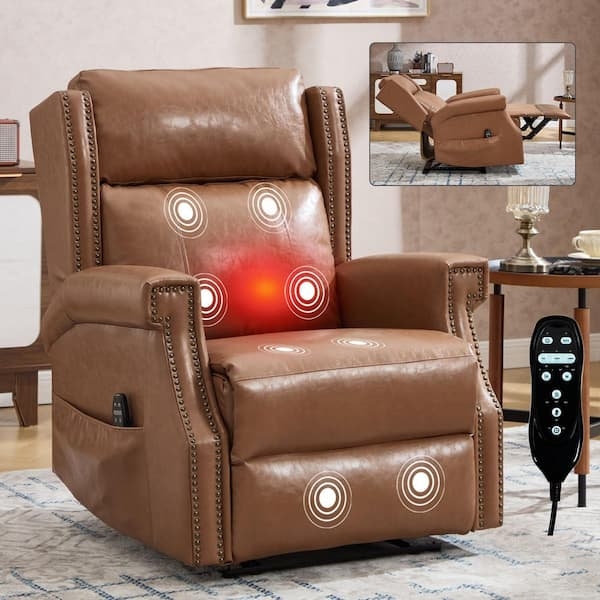 Chestnut Brown Massage Recliner with Heat Therapy and Wingback Design