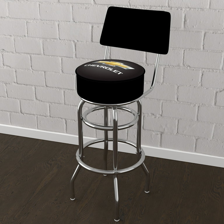 Chevrolet Logo Bar Stool, Padded Backrest, Polished Chrome Frame