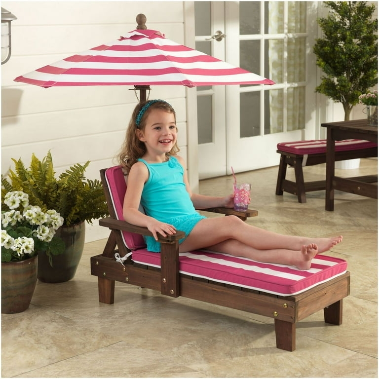 Child Chaise Lounge Wood Pink Stripe With Integrated Umbrella