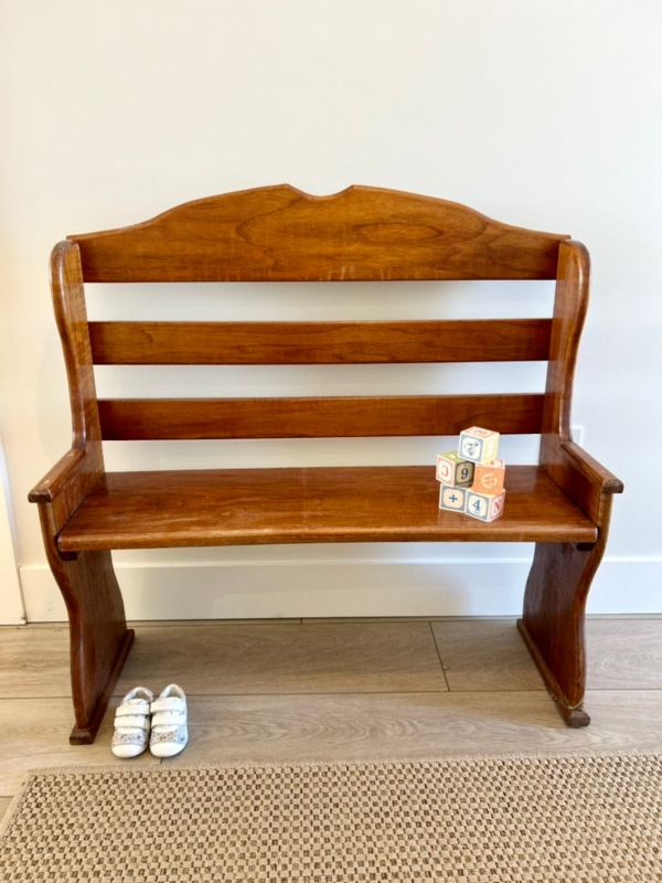 Children Bench with Curved Side Panels, Arched Crest, Honey Brown Finish