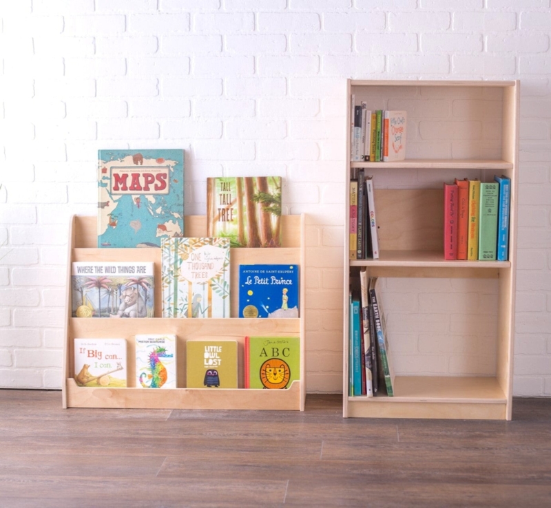 Children Bookcase Set Tiered Front Facing, Light Natural, Low Profile