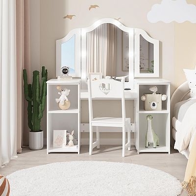 Childrens Vanity Table Integrated Lighting Open Shelving