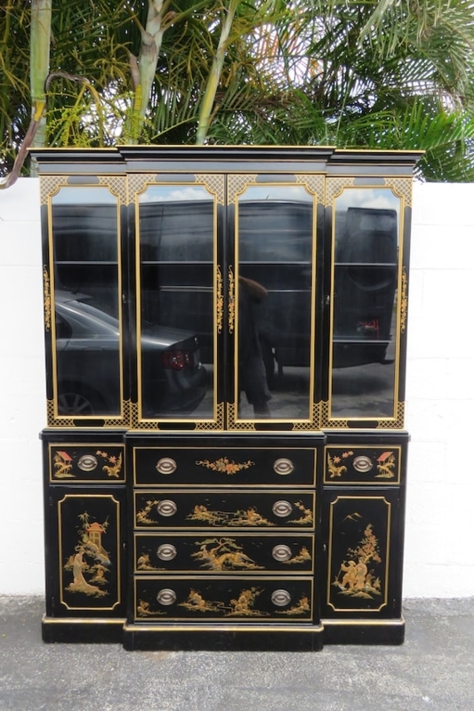China Cabinet Black Chinoiserie, Hand Painted Scenes, Gilt Accents
