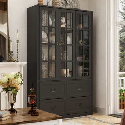 China Cabinet Matte Black Paned Glass, Four Drawers, Antique Brass