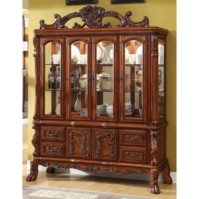 China Cabinet Ornate Traditional Walnut, Carved Pediment, Claw Feet
