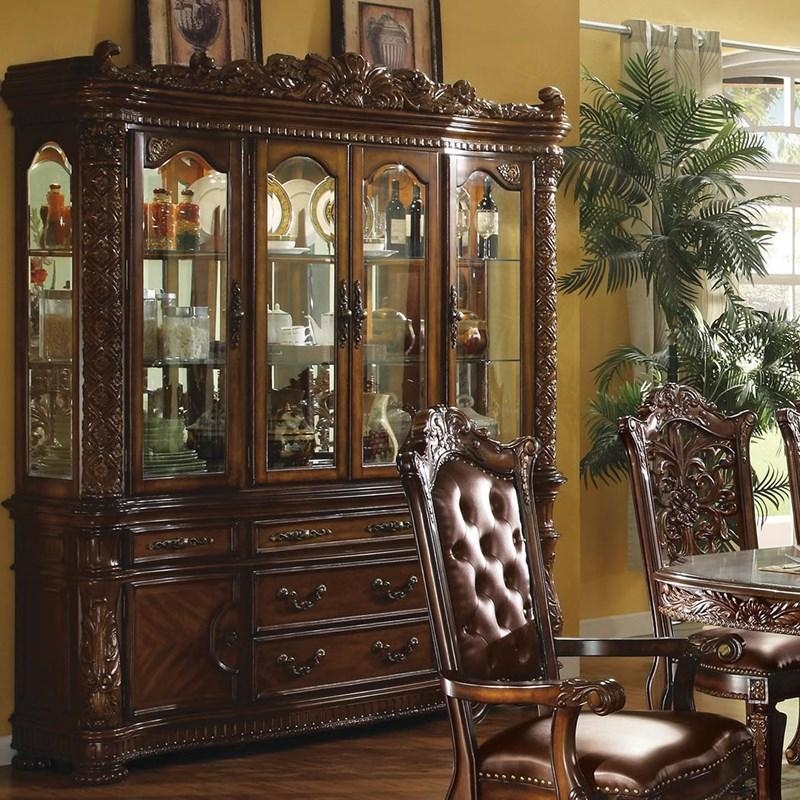China Cabinet Traditional Baroque Cherry, Ornate Crown Carving, Glass Doors