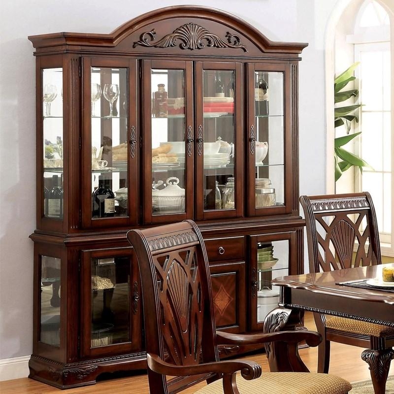 China Cabinet Traditional Reddish Brown, Shell Carving, Diamond Inlay