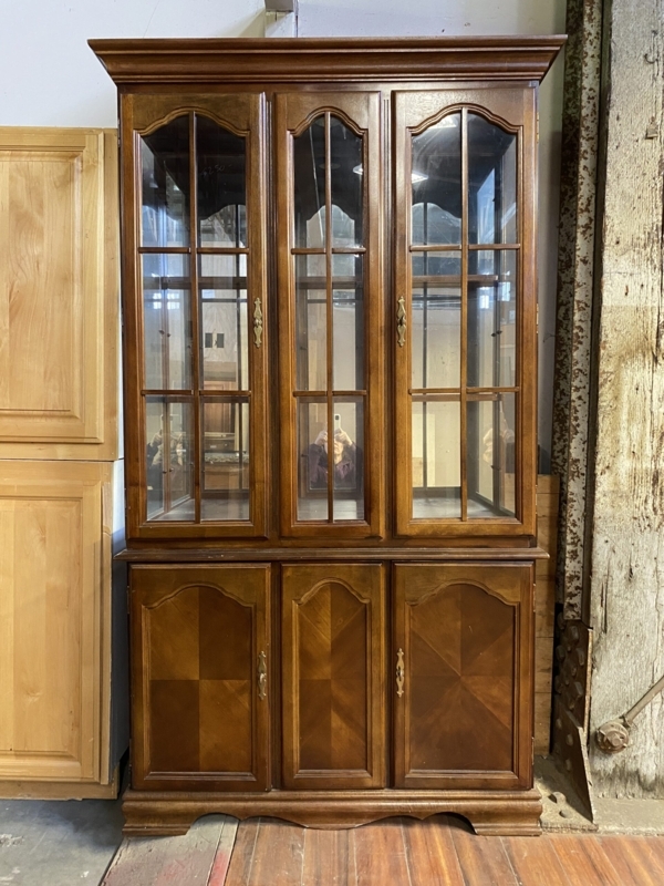China Cabinet Vintage Walnut, Diamond Veneer Panels, Arched Glass