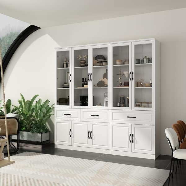 China Cabinet White Glass Display, Five Doors, Matte Black Hardware