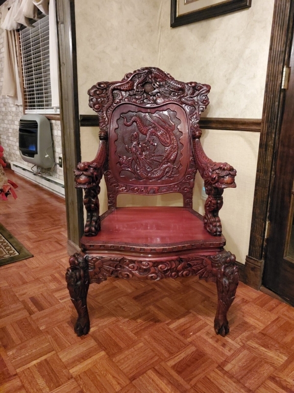 Chinese Accent Chair: High-Relief Dragon Carvings in Mahogany Red