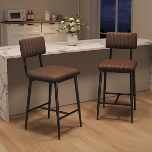 Chocolate Brown Leather Stool, Channeled Upholstery & Metal Frame.