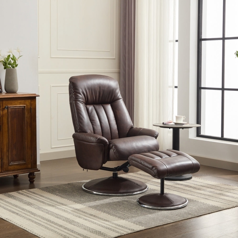 Chocolate Brown Swivel Recliner Channel Tufted Ottoman