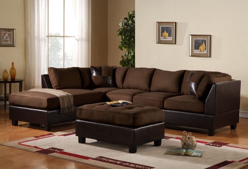 Chocolate Microfiber and Faux Leather Sectional with Tufted Ottoman Set