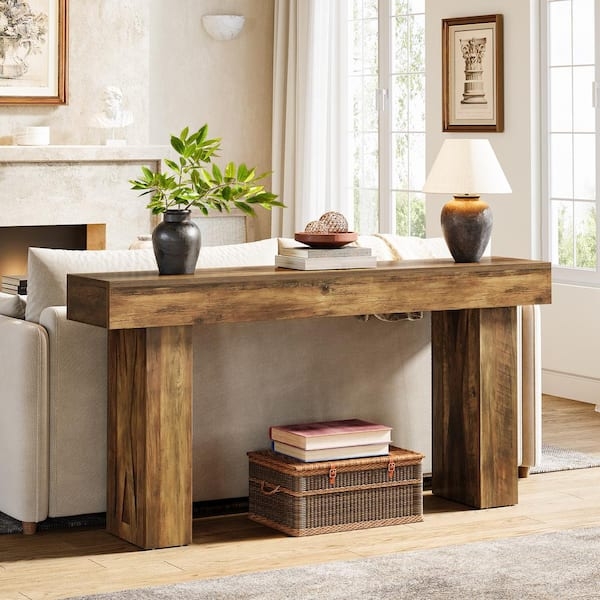 Chunky Wood Console Table with Substantial Block Legs and Thick Apron
