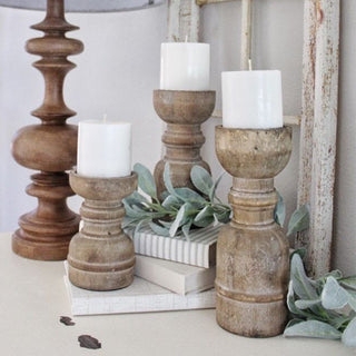 Chunky Wooden Spindles Candle Holders, Weathered Finish Set