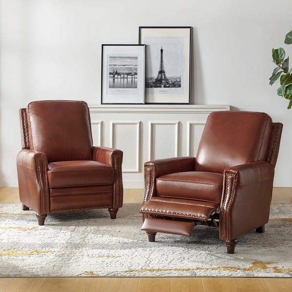 Cigar Brown Leather Recliner Set with Nailhead Trim Details