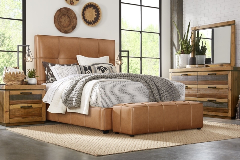 Cindy Crawford Westover Hills 5 Pc Brown Dark Wood Camel Leather Queen Bedroom  Set With 3 Pc Queen Bed, Dresser, Mirror | Rooms to Go