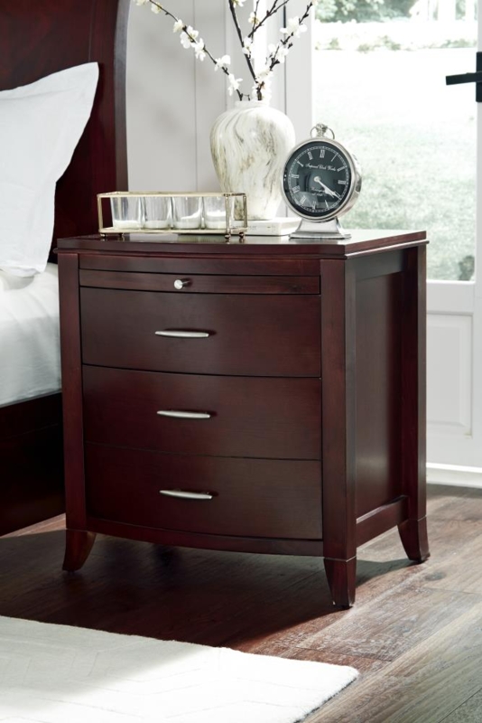 Cinnamon Mahogany Nightstand with Curved Front and Pull-Out Tray
