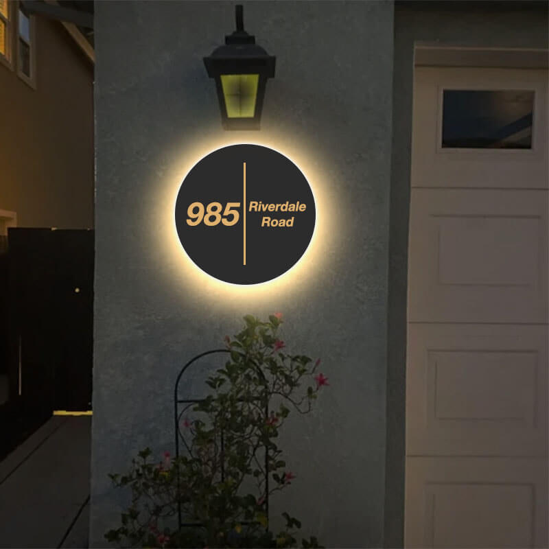 Circular Backlit Address Plaque, Modern Halo Glow, Gold Accents