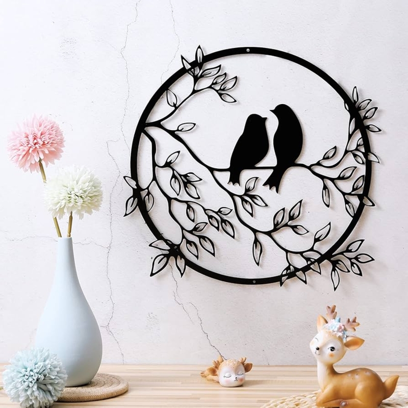 Circular Wall Art: Matte Black Metal Bird on Branch Silhouette