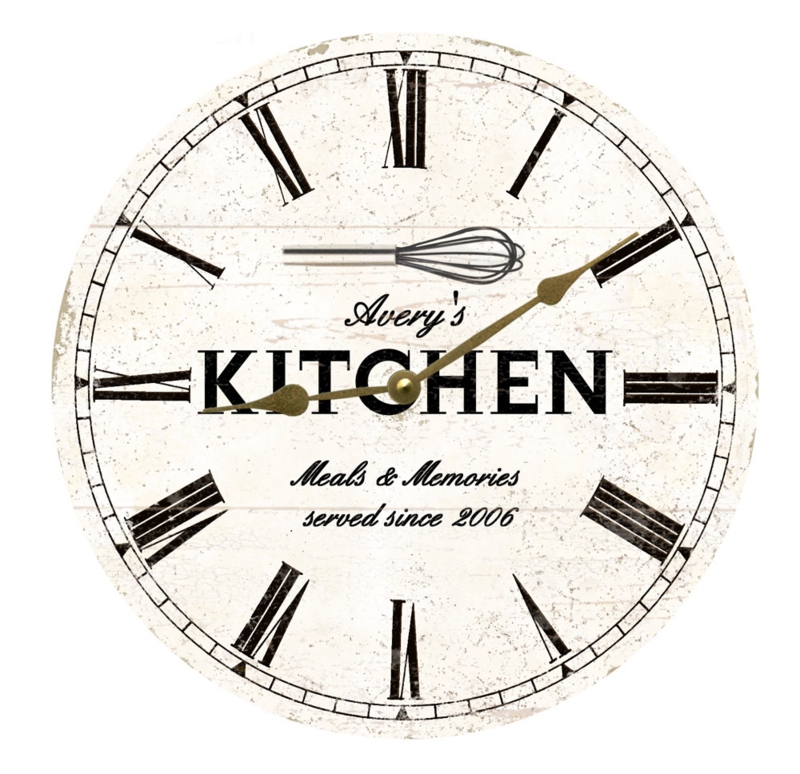 Circular Wall Clock with Whisk Graphic and Distressed Whitewash Finish