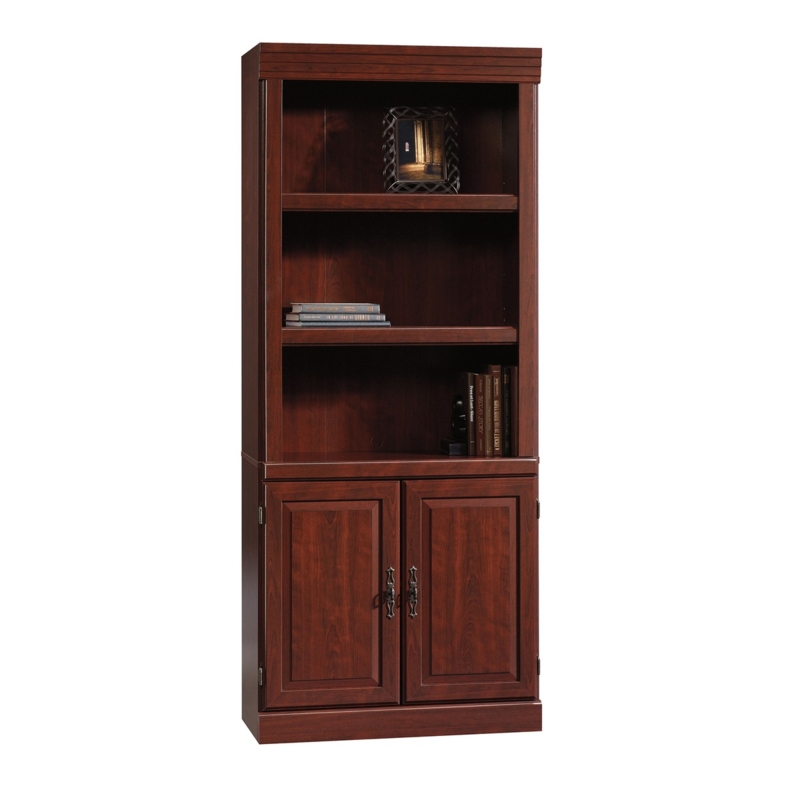 Classic Cherry Library Cabinet with Ornate Metal Pulls and Molding