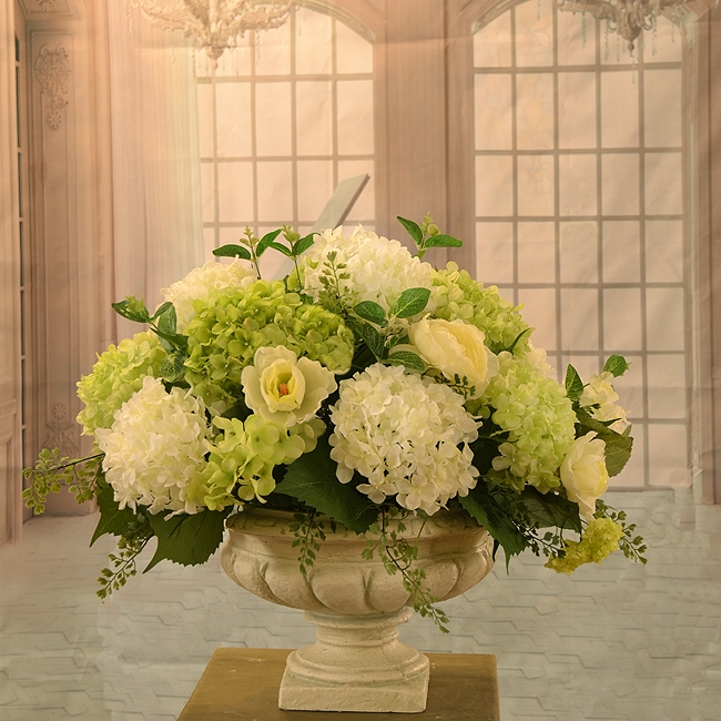 Classical Pedestal Floral Urn with Ranunculus Accents and Hydrangeas