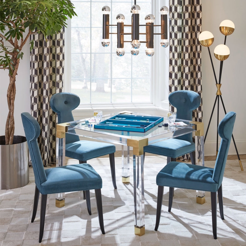 Clear Acrylic Game Table with Brass Corner Brackets and Teal Chairs
