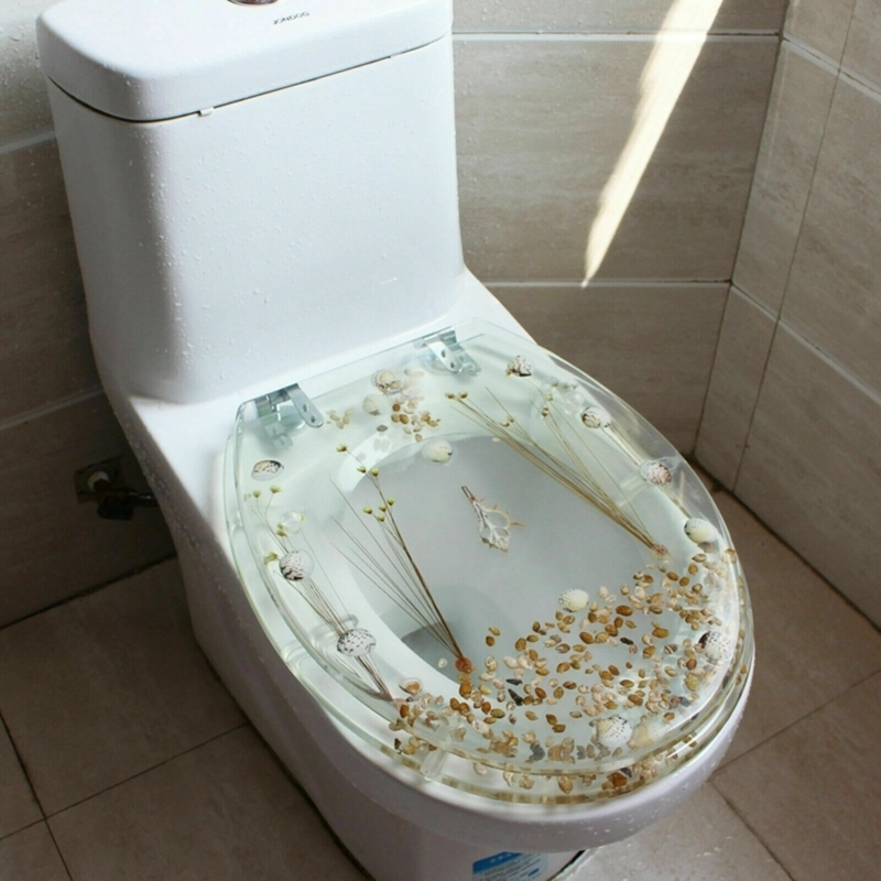 Clear Coastal Bathroom Lid: Resin with Seashell Inlay and Dried Grass.