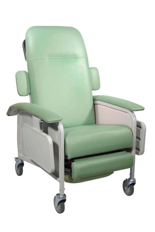Clinical Care Recliner, Side Trays, Mint Green Upholstery, Locking Casters.