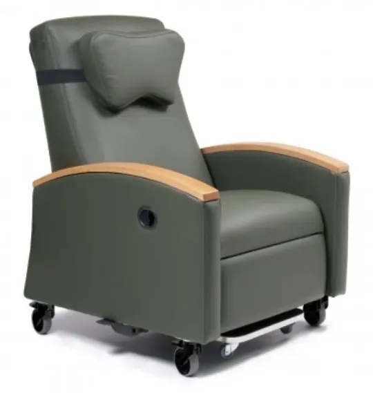 Clinical Mobile Recliner, Adjustable Headrest Pillow, Sage Green, Wood Arms.