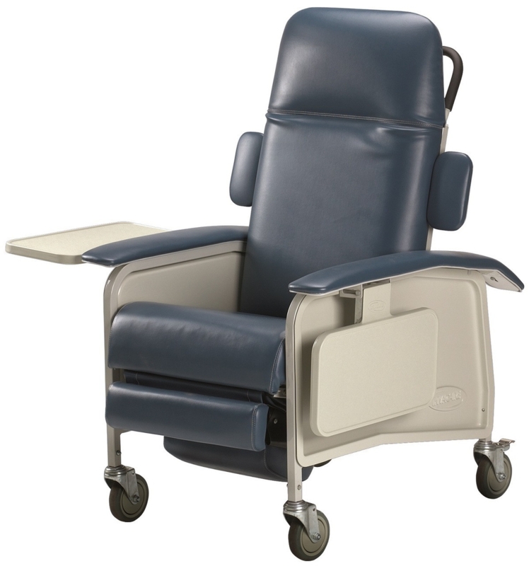 Clinical Recliner Chair, Side Bolsters, Navy Blue, Fold-Down Trays.