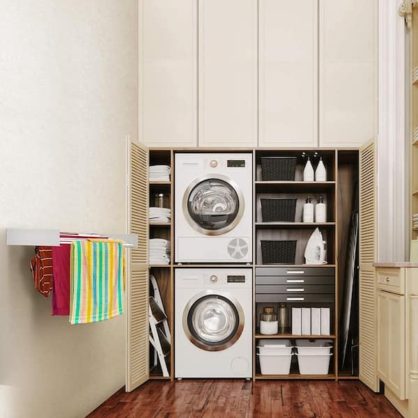 Clothes Drying Rack: White Retractable Wall Mount, Collapsible Rods.
