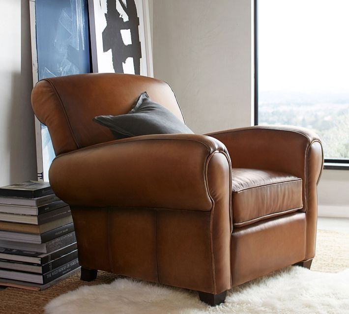 Club Chair: Classic Rolled Arms, Cognac Brown. Traditional Lounge Chair.