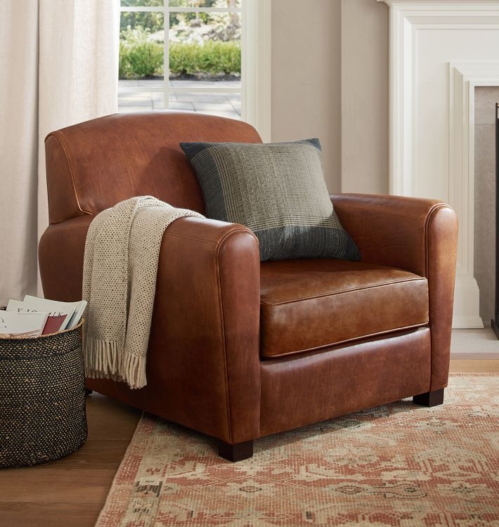 Club Chair: Cognac Leather, Track Arms. Transitional Living Room Seating.