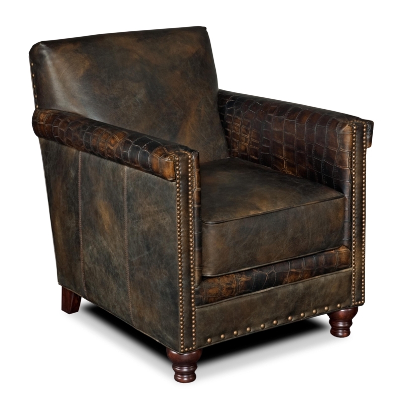 Club Chair: Crocodile Embossed Leather, Nailhead Trim. Rustic Luxe Seating.