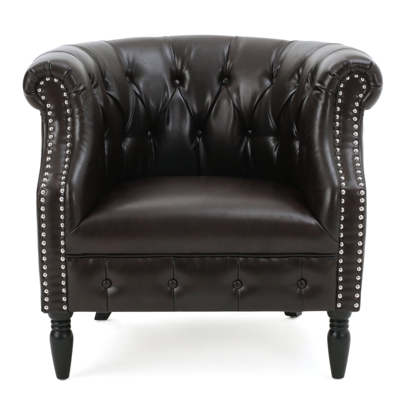 Club Chair Espresso Button Tufted Rolled Back Silver Nailhead Trim