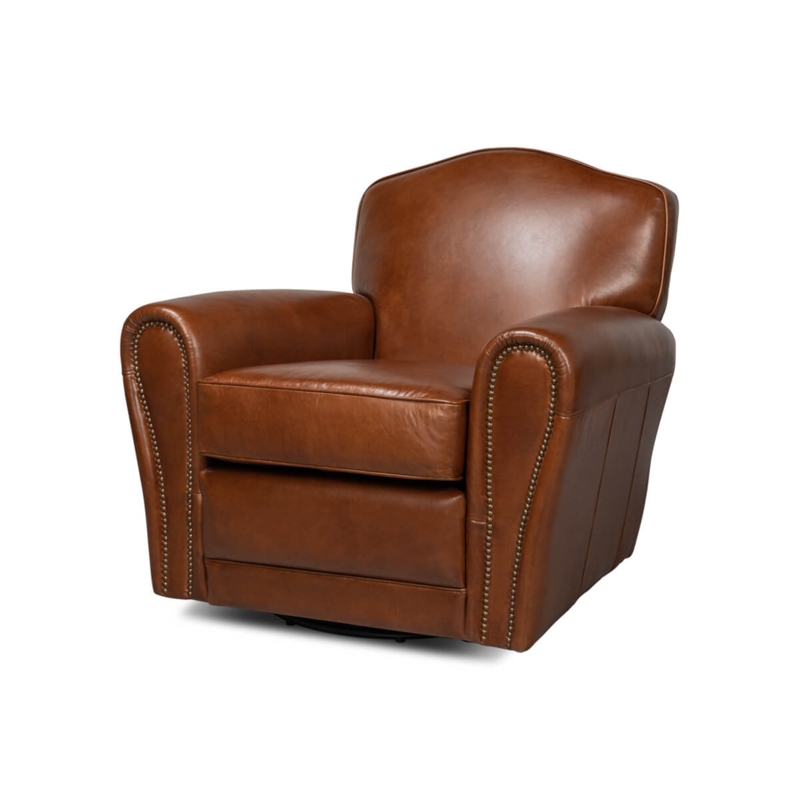 Club Chair: Leather Swivel Base, Nailhead Trim. French Art Deco Style.