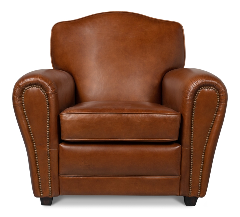 Club Chair: Top Grain Leather, Scalloped Back. Traditional Nailhead Armchair.