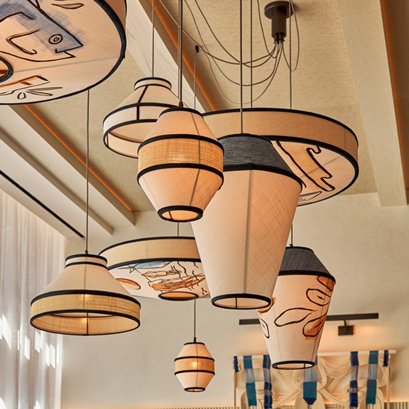 Cluster Pendant Light Illustrated Fabric Shades Spider Canopy Wabi Sabi