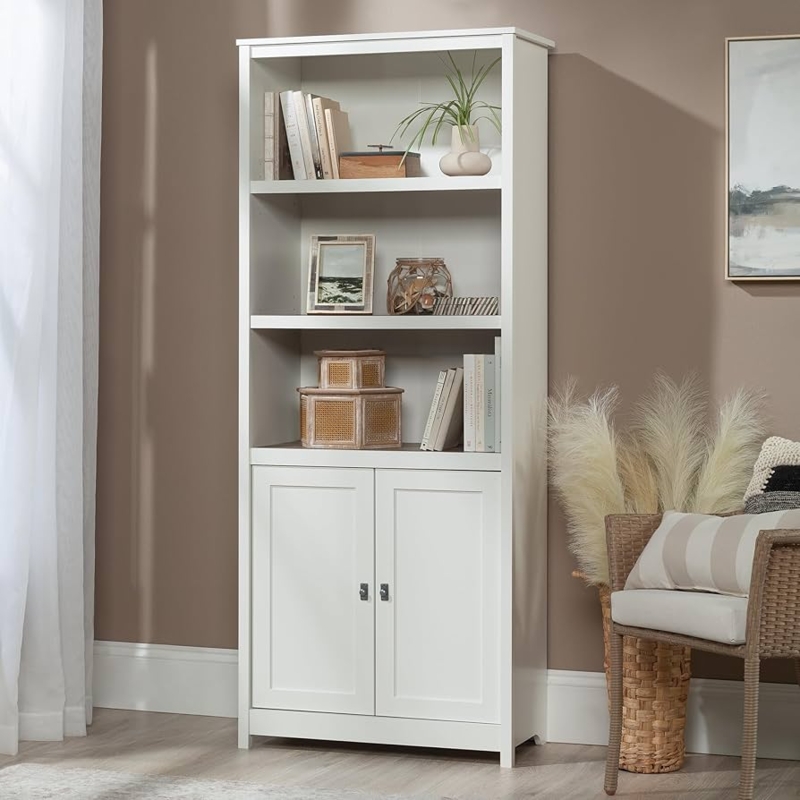 Coastal Cottage Library Bookcase in Soft White Finish with Storage