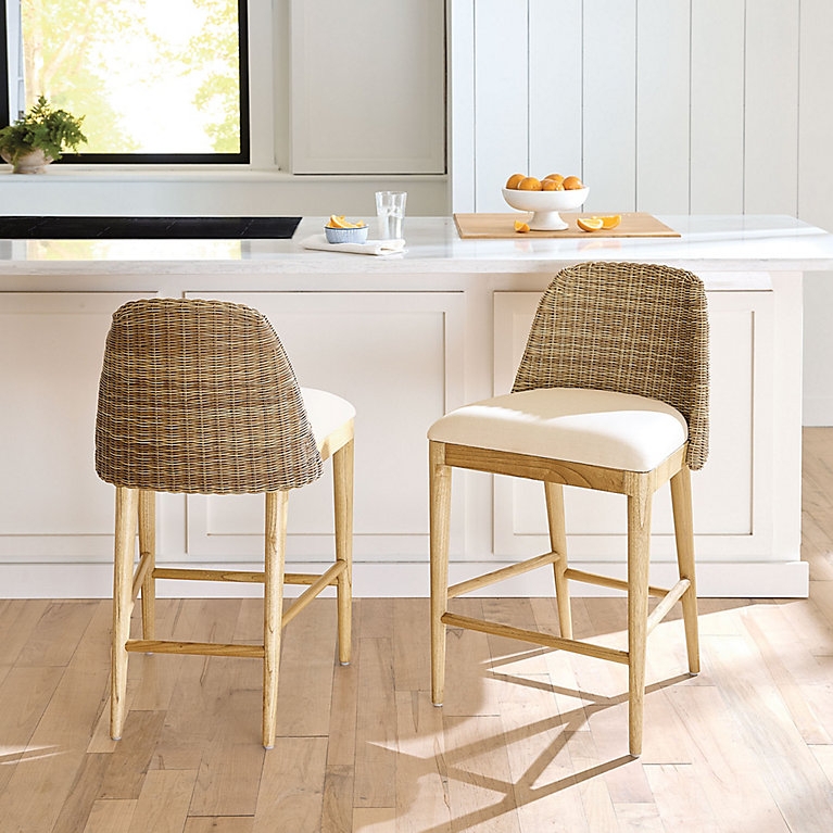 Coastal Counter Stool with Handwoven Wicker Back and Maple Finish