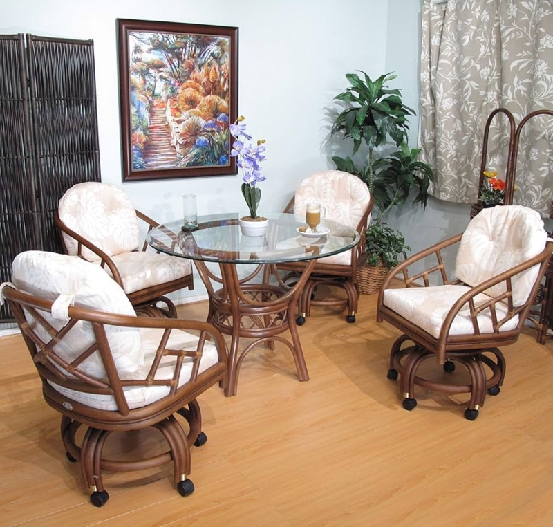 Coastal Dining Set Rattan Swivel Lattice Back Palm Leaf Print