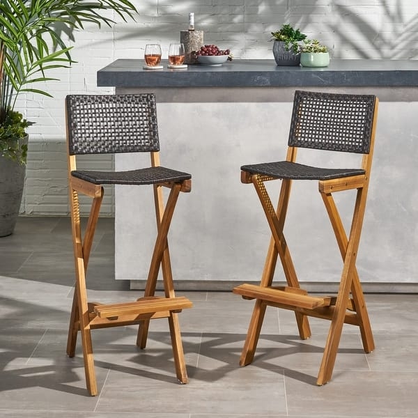 Coastal Folding Bar Stool Acacia Wood Charcoal Woven Wicker Seat